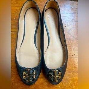 Tory Burch Black Leather Flats with Gold Logo, Used, Size 11